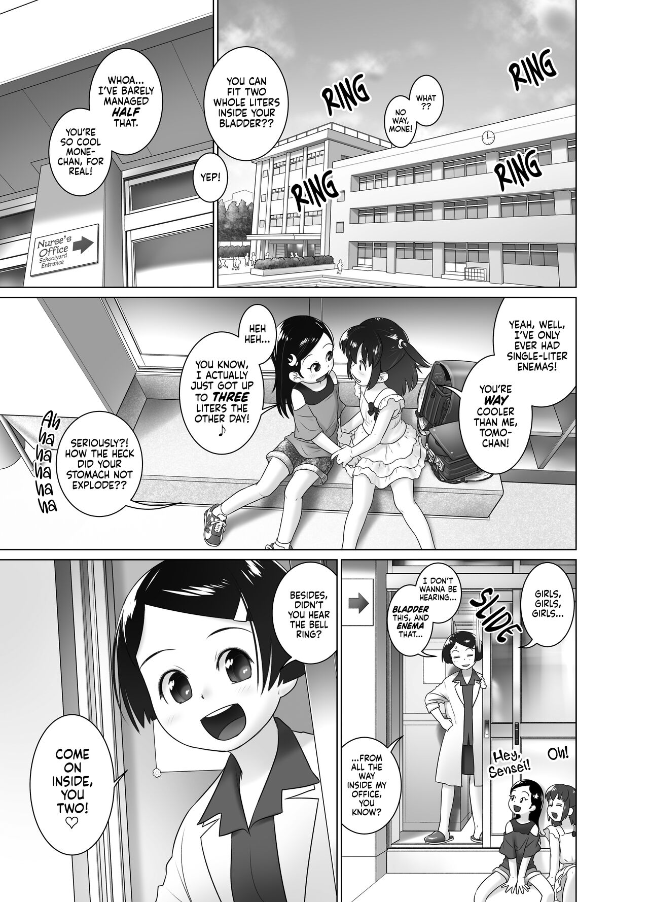 Hokenshitsu no Oshikko Sensei - Mone to Tomo-chan no Koudou Nyoudou Shinsatsu no Hi | Oshikko Sensei, School Nurse - Mone and Tomo-chan's Mutual Urethral Checkup! page 2 full