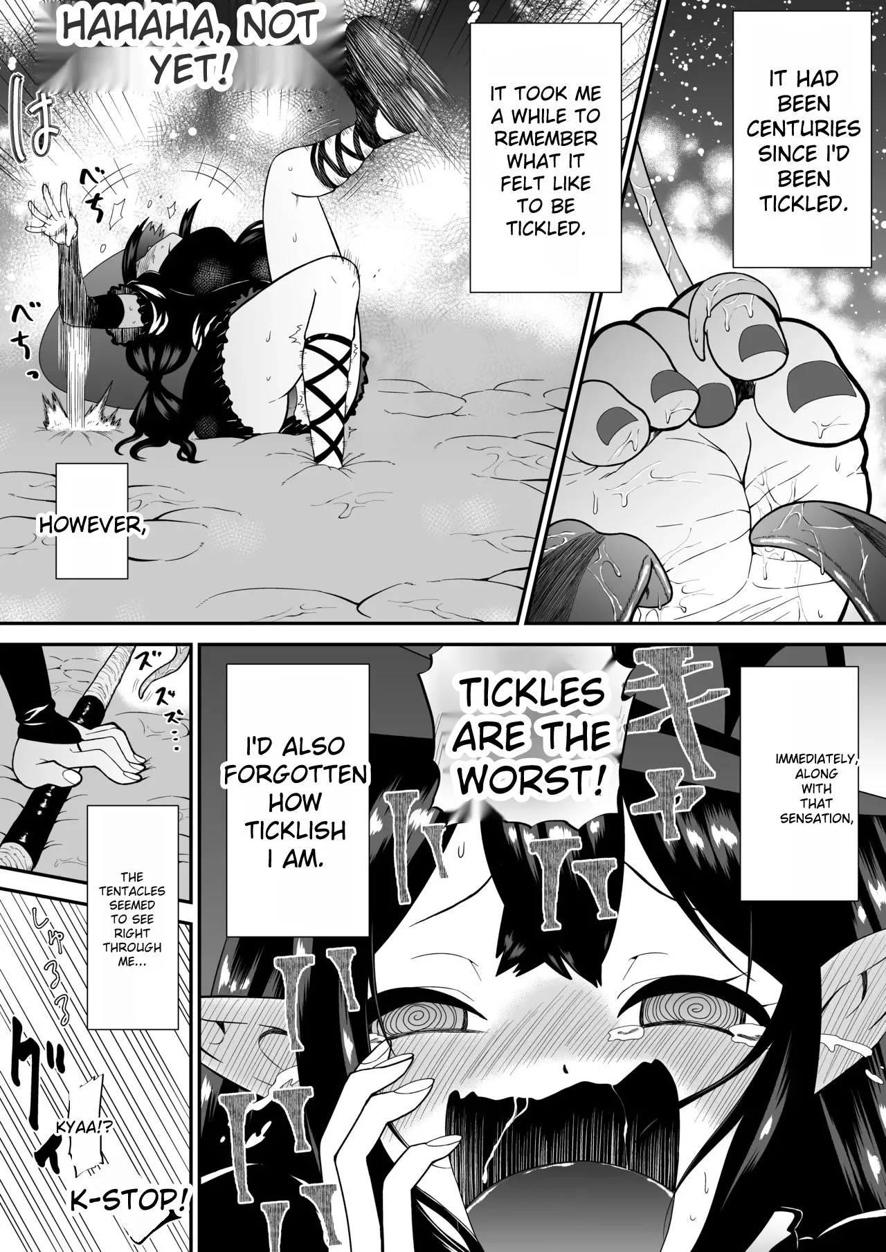 A story about a witch who thought she was invincible, but was tickled and soaked by tentacles and made to cry. page 12 full