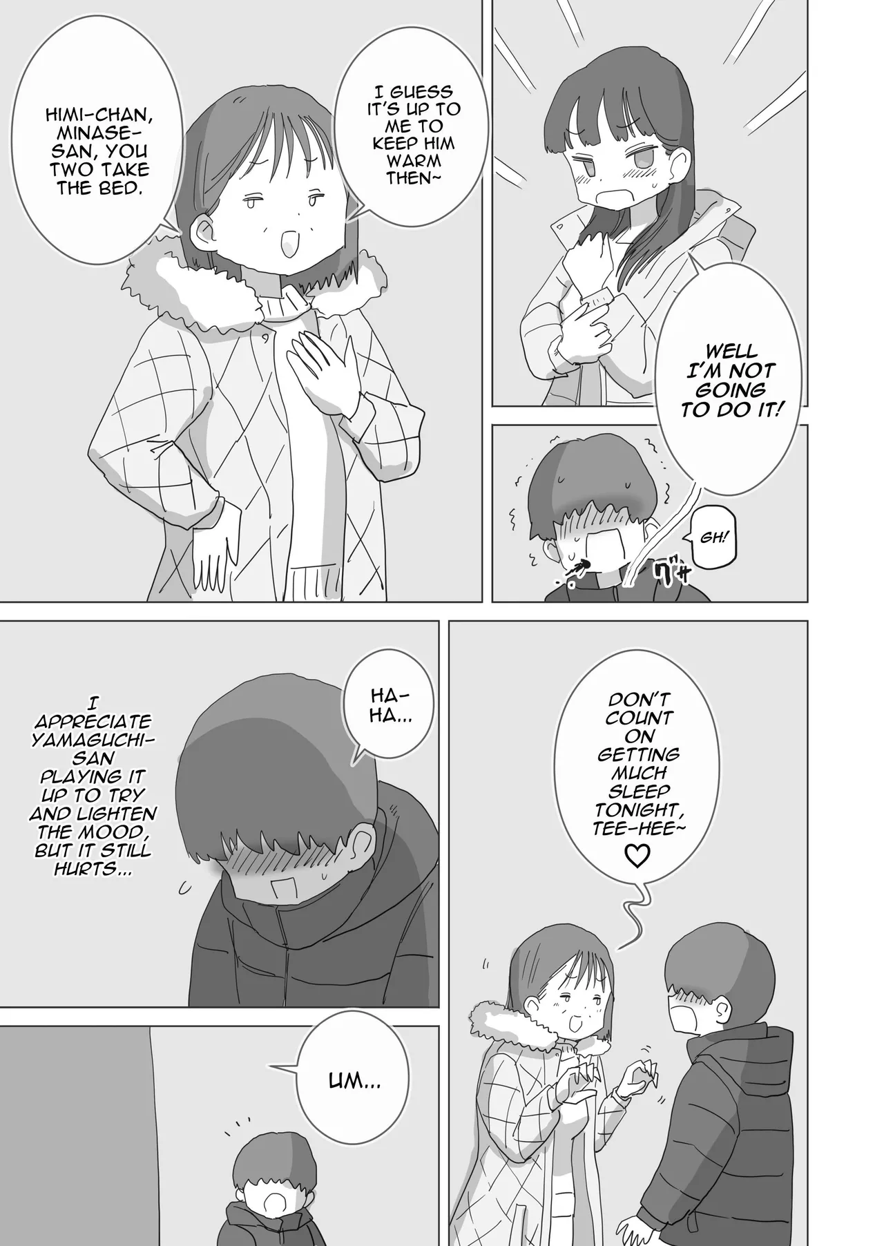 Aru Ooyuki no Tsumetai Yoru Boku no Ie no Futon no Naka de Beit-saki no Onnanoko-tachi ga Naisho de Micchaku Atatame Ecchi Shite Kureta. | One Cold Snowy Night, My Colleague Secretly Had Intimate Warm-up Sex With Me Under The Bed Sheets. page 12 full